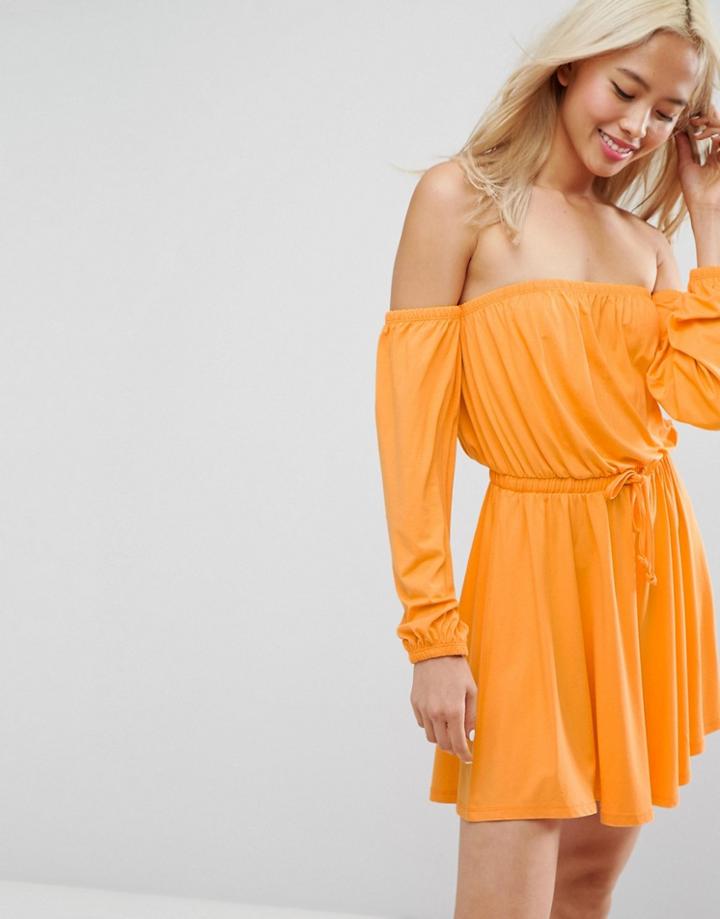 Asos Bardot Long Sleeve Skater Dress - Orange