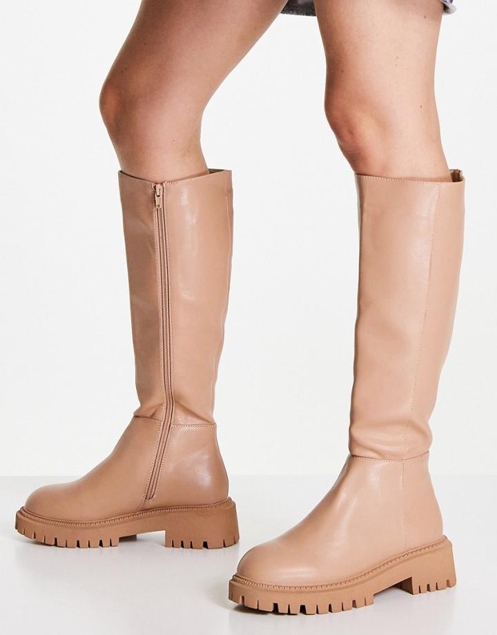 London Rebel Chunky Pull On Knee Boots In Beige Drench-neutral