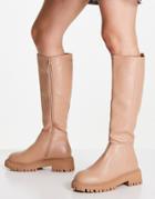 London Rebel Chunky Pull On Knee Boots In Beige Drench-neutral
