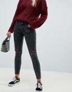 Brave Soul Anarchy Acid Wash Skinny Jeans With Knee Rip And Stud Detail - Black