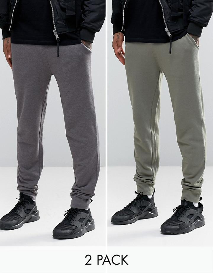 Asos 2 Pack Skinny Jersey Joggers In Charcoal Gray And Khaki - Multi