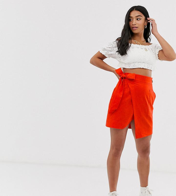 Asos Design Petite Utility Linen Wrap Mini Skirt