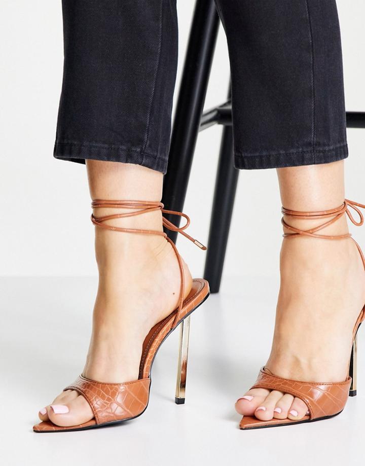 Public Desire Powerful Pointed Toe Heeled Sandals In Tan Croc-brown