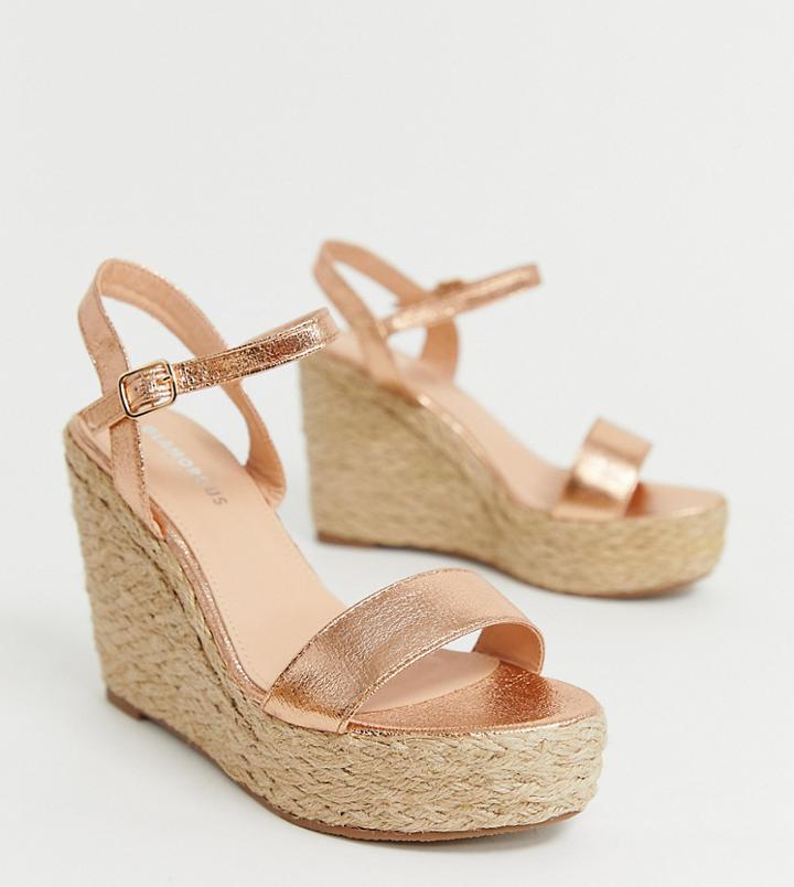 Glamorous Wide Fit Rose Gold Metallic Espadrille Wedges