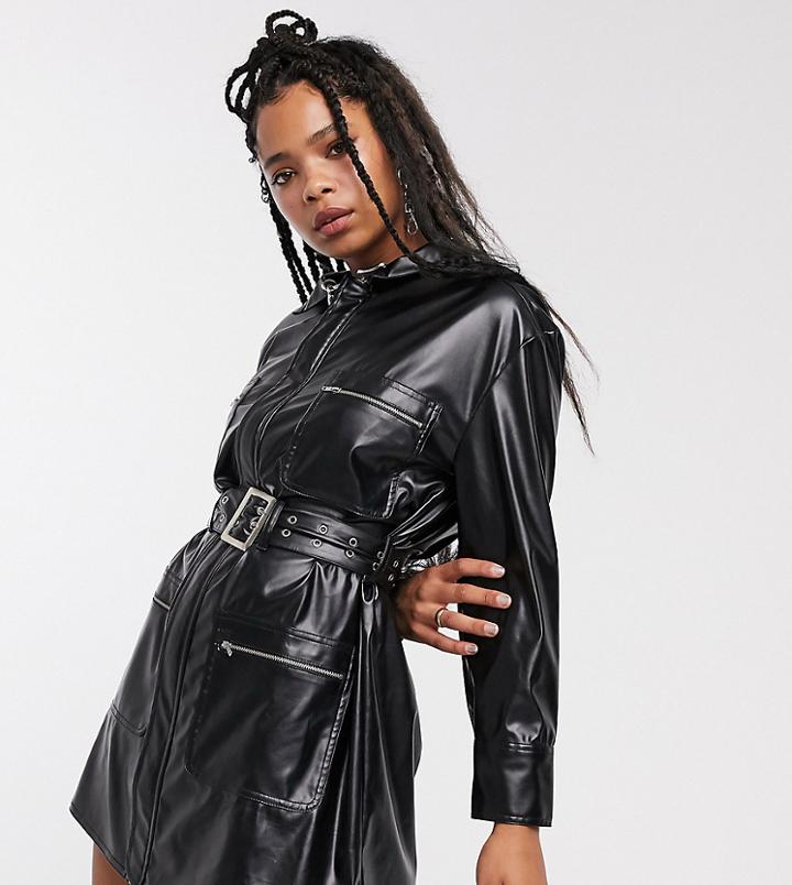 Collusion Leather Look Belted Shirt Dress In Black