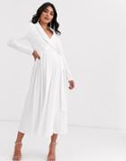 Asos Design Midi Shirt Dress With Pleated Skirt And Buckle Detail-white