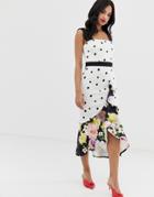 True Violet Exclusive Frill Front Midi Dress In Mixed Polka Floral Print - Multi