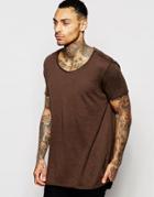 Asos Super Longline T-shirt In Slubby Fabric With Raw Scoop Neck In Brown - Turkish Coffee