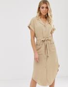 Parallel Lines Soft Utility Shirt Dress With Tie Waist In Beige - Beige