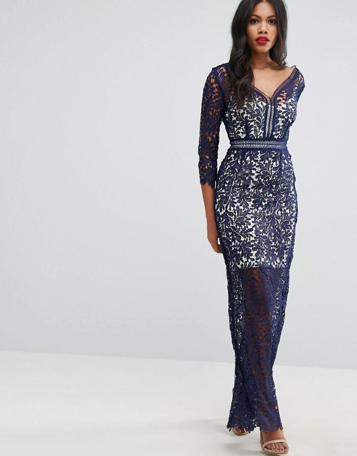 Little Mistress Crochet Long Sleeve Maxi Dress - Navy