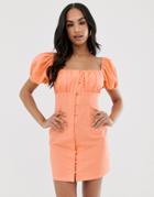 Asos Design Sweetheart Ruched Bust Button Through Mini Dress-orange