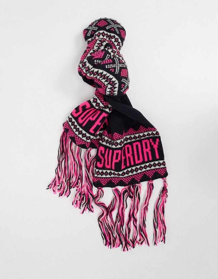 Superdry Jenna Fairisle Scarf In Navy With Pink Logo Print