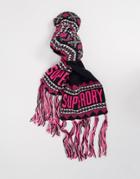 Superdry Jenna Fairisle Scarf In Navy With Pink Logo Print