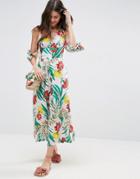 Asos Cold Shoulder Jumpsuit In Tropical Print - Multi