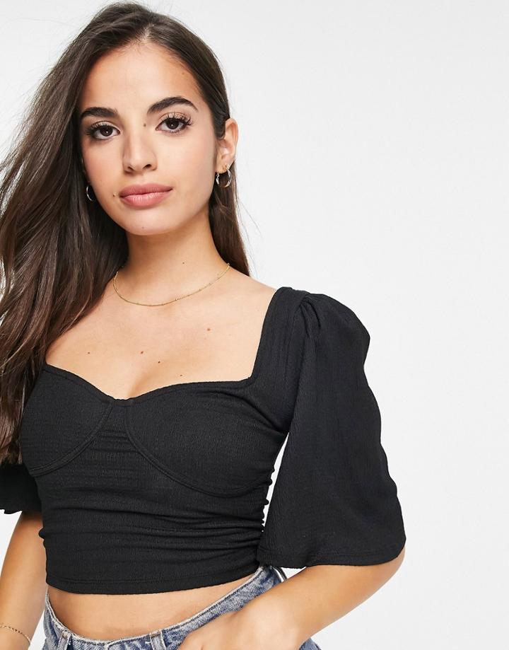 Monki Tilly Flutter Sleeve Top In Black