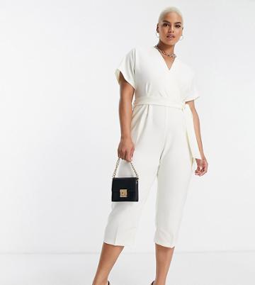 Closet London Plus Tie Waist Kimono Jumpsuit In Cream-white