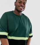 Asos Design Plus Oversized T-shirt With Half Sleeve And Reflective Tape In Green-black