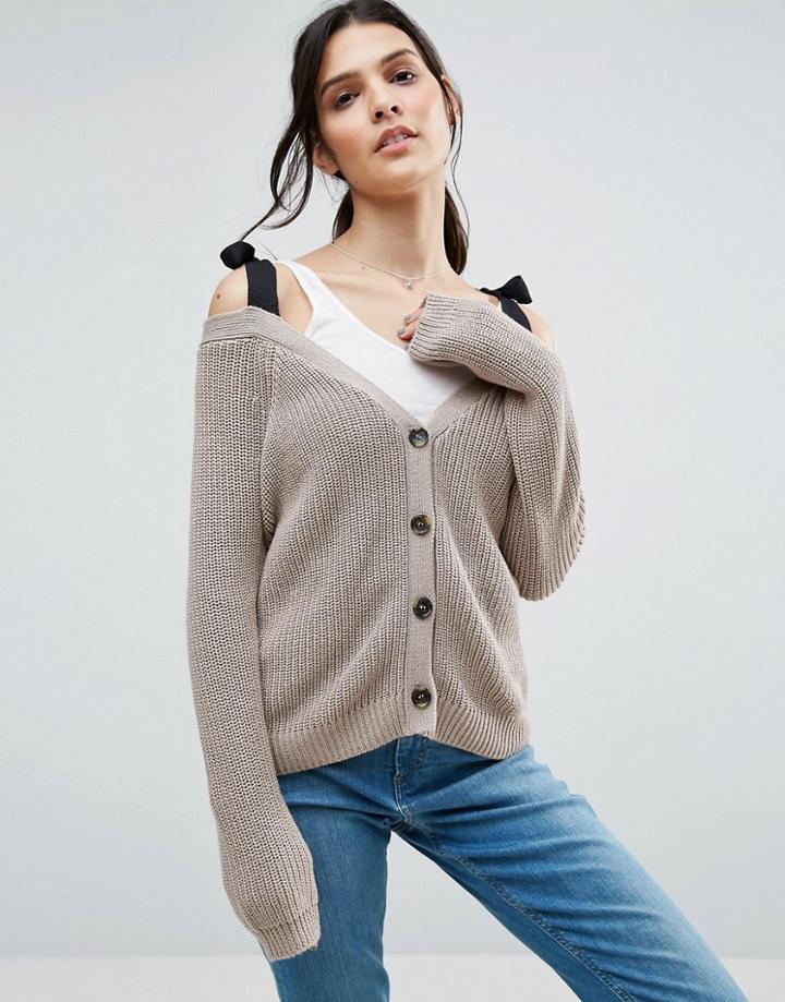 Asos Cardigan In Boxy Shape With Cold Shoulder Detail - Beige