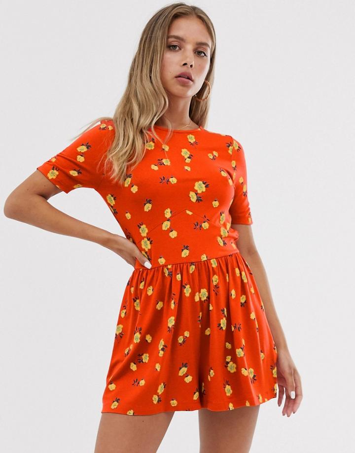 Asos Design Jersey Tea Romper In Red Floral Print-multi