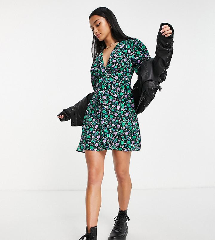 Asos Design Petite Tie Front Button Up Mini Dress In Floral Print-multi