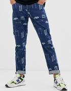 Asos Design Tapered Jeans In Vintage Dark Wash With Print-blue