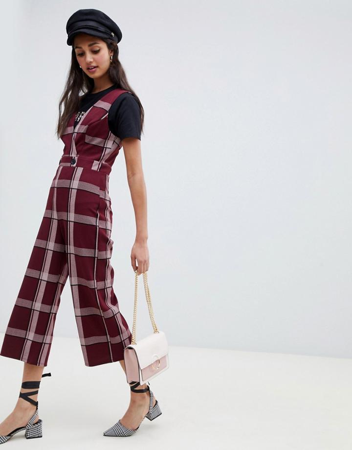 Miss Selfridge Jumpsuit With Button Detail In Burgundy Check - Red