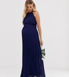 Tfnc Maternity Bridesmaid Exclusive High Neck Pleated Maxi Dress In Navy - Navy
