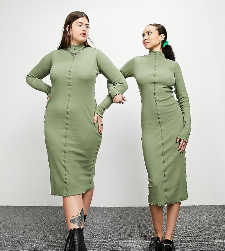 Collusion Rib Exposed Seam Midi Dress In Sage-green