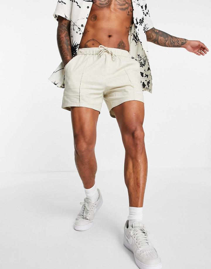 Asos Design Slim Shorter Shorts In Beige Linen Mix With Pintuck-neutral