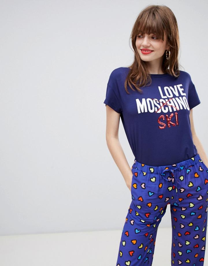 Love Moschino Embellished Ski Slogan T-shirt - Blue