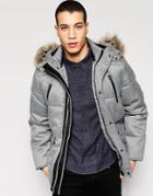 Puffa Caney Coat With Faux Fur Trim Hood - Gray