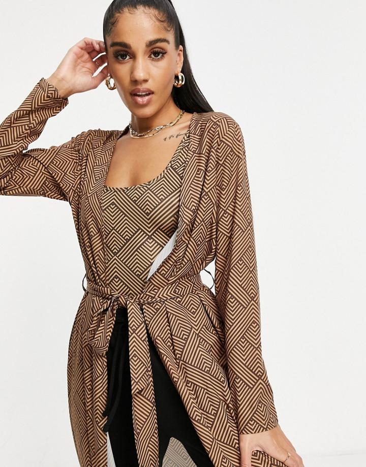 Love & Other Things Geo Print Maxi Cardigan Set In Brown