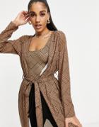 Love & Other Things Geo Print Maxi Cardigan Set In Brown