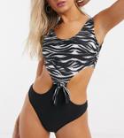 Wolf & Whistle Exclusive Cut Out Swimsuit In Zebra Print-black
