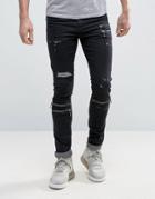 Asos Super Skinny Jeans With Zips And Rips In Black - Black
