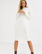 Asos Design Fluffy Midi Dress With Seam Detail-cream