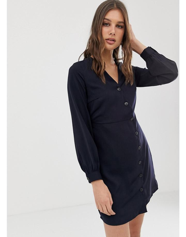 Vero Moda Button Through Long Sleeve Mini Dress - Navy