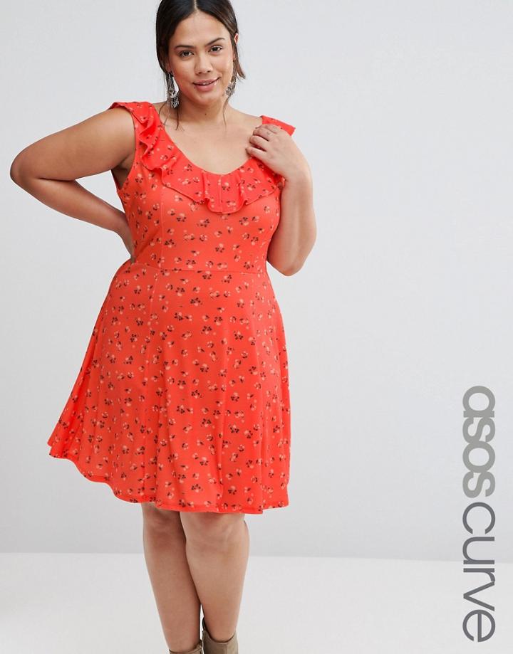 Asos Curve Ruffle Sleeve Skater Dress In Red Ditsy Floral Print - Red