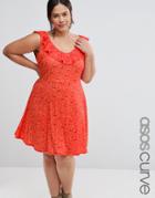 Asos Curve Ruffle Sleeve Skater Dress In Red Ditsy Floral Print - Red