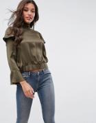 Asos Luxe Ruffle Blouse With Split Back Detail - Green