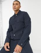 Asos Design Smart Trucker Jacket With Pocket Detail In Navy Waffle Detail-grey