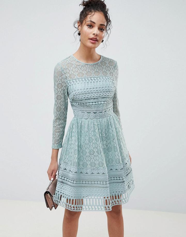 Asos Design Premium Lace Mini Skater Dress With Long Sleeves-green