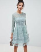 Asos Design Premium Lace Mini Skater Dress With Long Sleeves-green