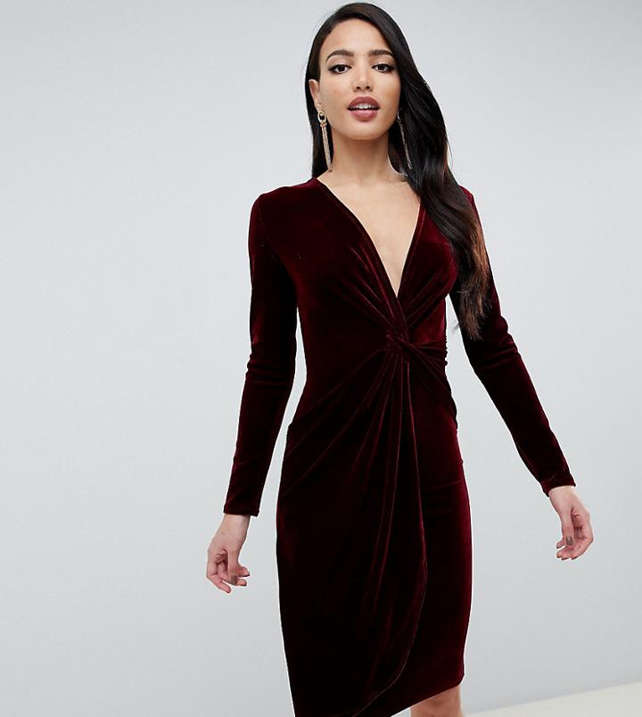 Tfnc Tall Velvet Midi Wrap Dress With Twisted Waistband In Burgundy - Red