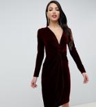Tfnc Tall Velvet Midi Wrap Dress With Twisted Waistband In Burgundy - Red