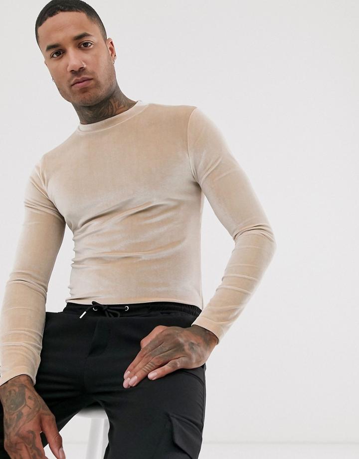 Asos Design Long Sleeve T-shirt In Beige Velour