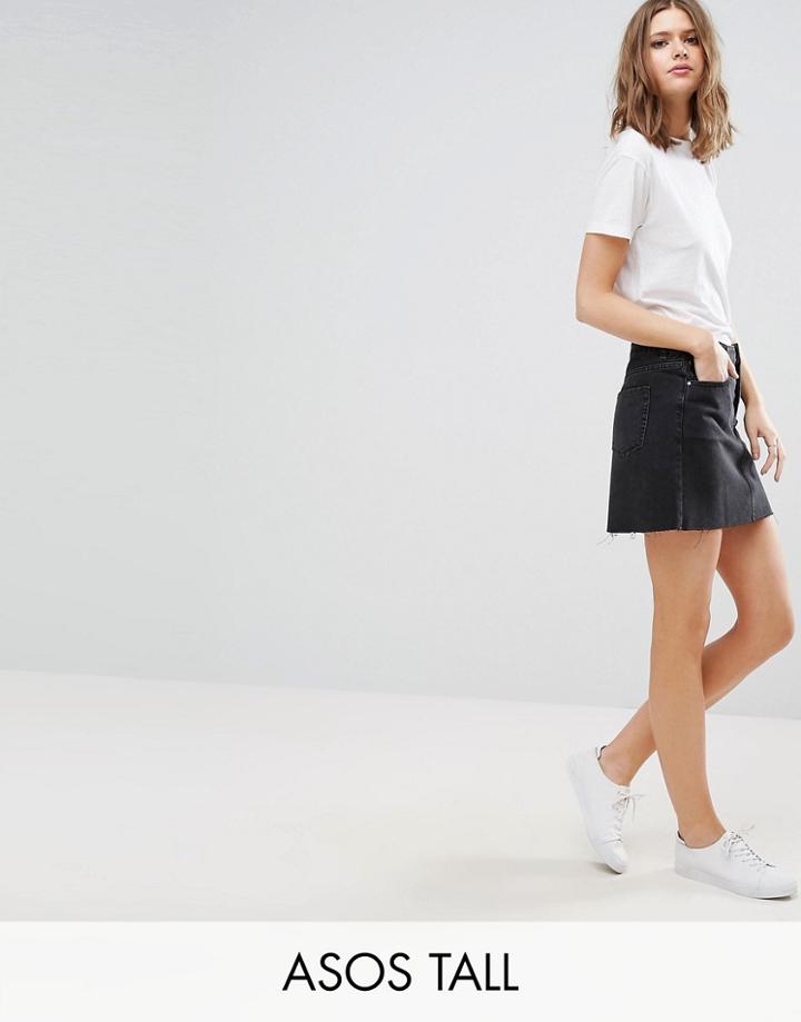 Asos Tall Denim Low Rise Skirt In Washed Black - Black