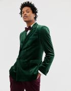 Asos Design Skinny Double Breasted Blazer In Forest Green Velvet With Piping