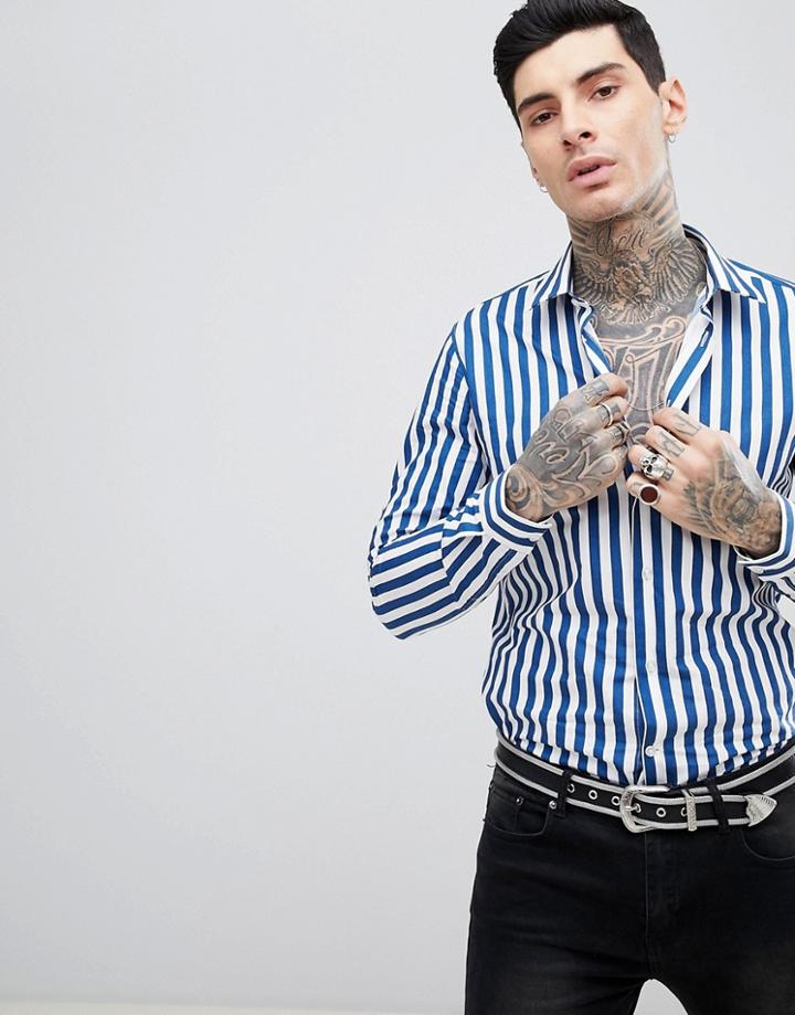 Devil's Advocate Long Sleeve Slim Fit Striped Shirt - Blue