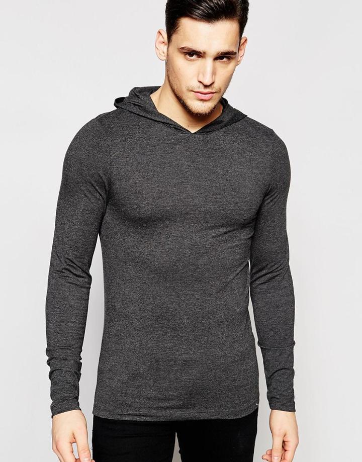 Asos Extreme Muscle Long Sleeve T-shirt With Hood In Gray - Gray